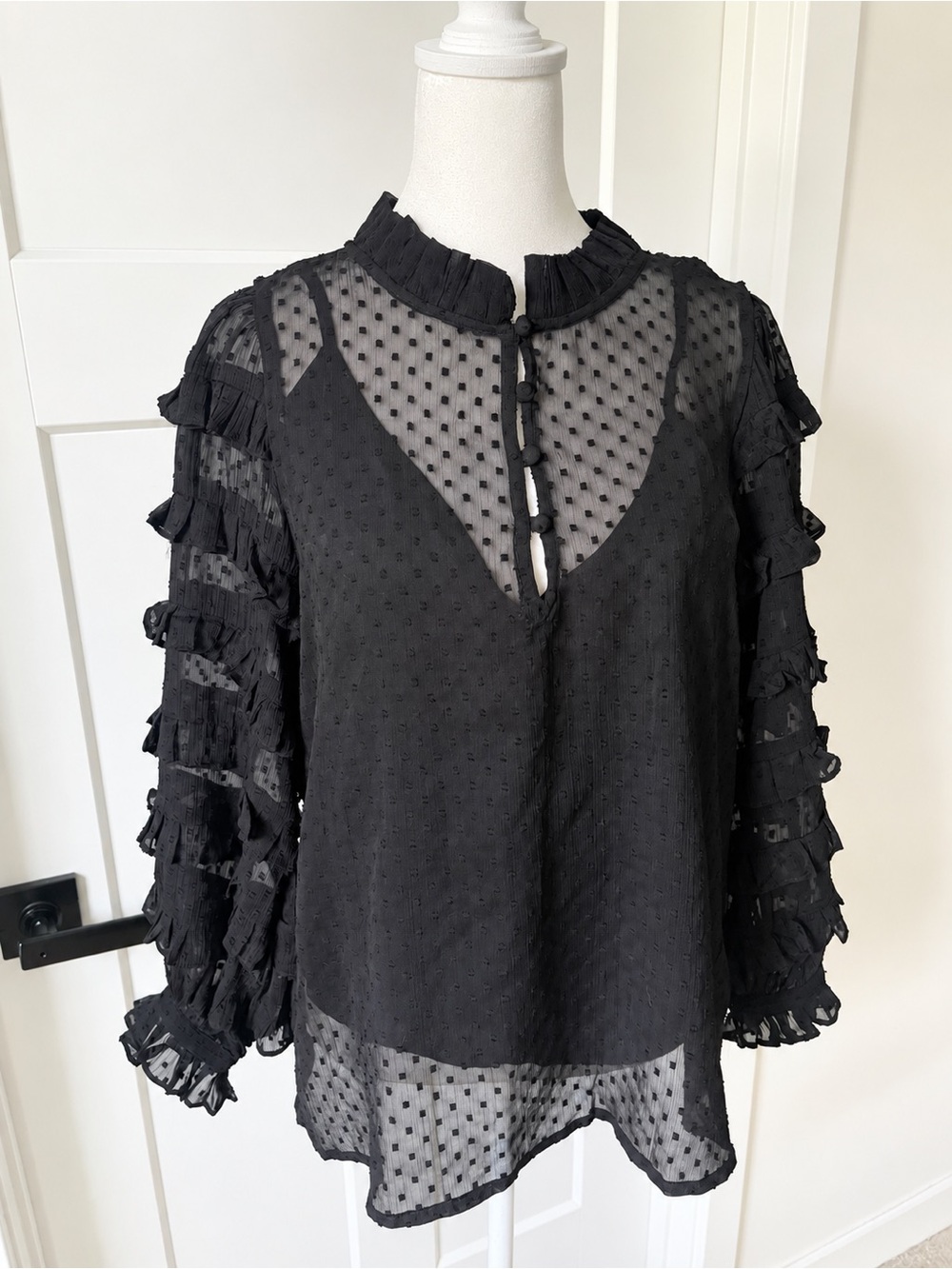 Cleobella Black Swiss Dot Sheer Ruffle Sleeve Blouse Top small